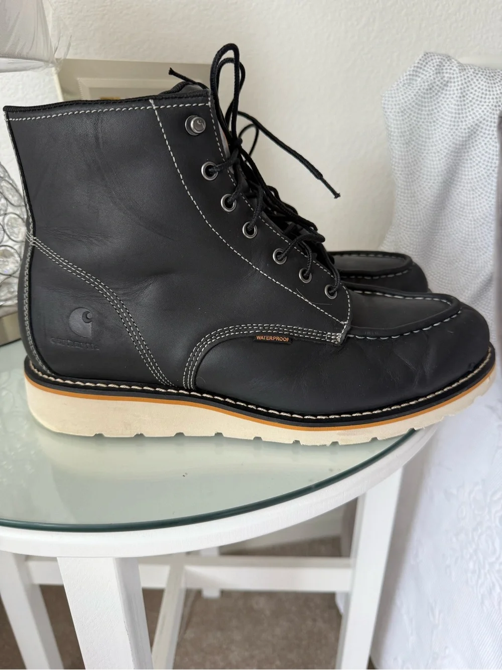 Carhartt Black Moc Toe Work Boots with Tan Outsole